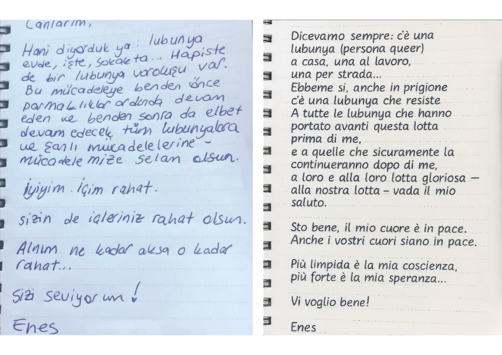 Lettera di Enes Hocaoğullari dal carcere